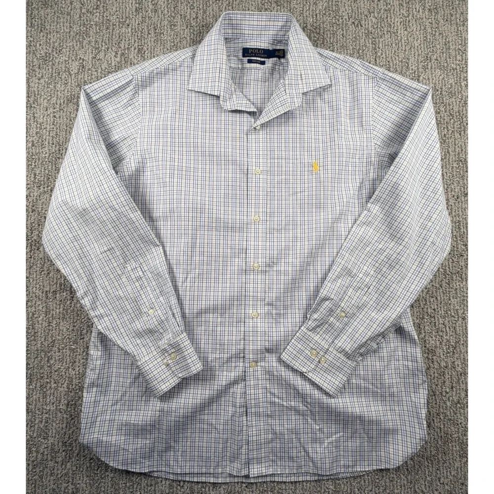 Polo Ralph Lauren Dress Shirt Mens 16.5 34/35 Blue Yellow Check Easy Care LS